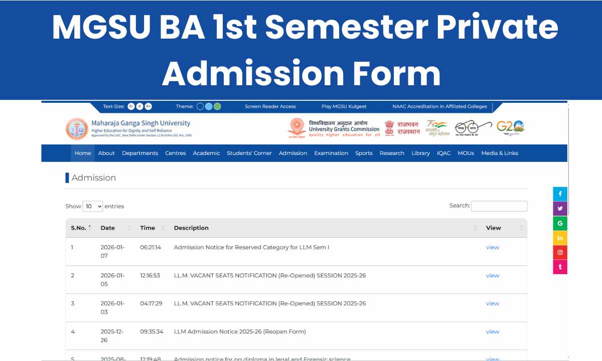 MGSU BA 1st Semester Private Admission Form 2026